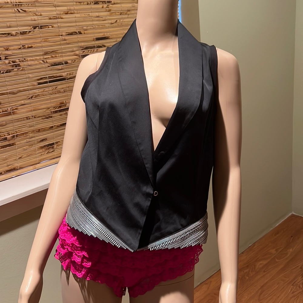 Denis Gagnon For Bedo Black Crop Vest W/ Silver Zipper Decoration On Bottom L